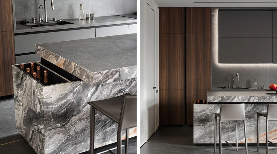 Motorized sliding stone worktop with concealed kitchen bar storage