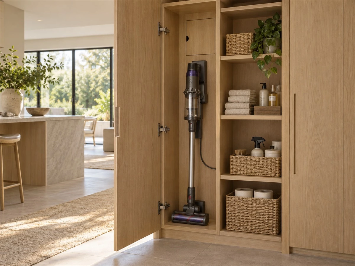 Cleaning Closet Cabinet Design: Shelves, Utility Storage and Service Access