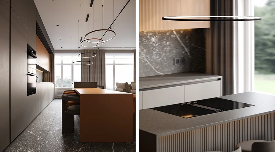Slatted Wood Kitchen Cabinets with Dining Island