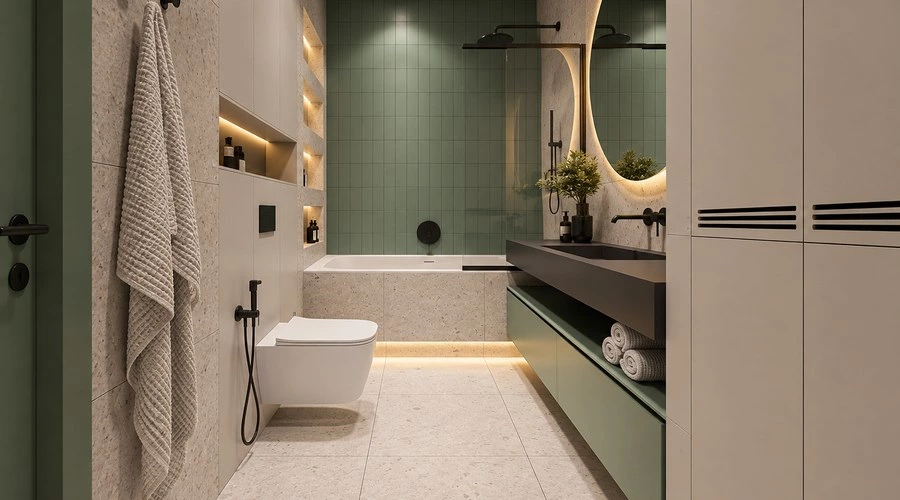 Narrow Bathroom Vanity Design with Floating Storage