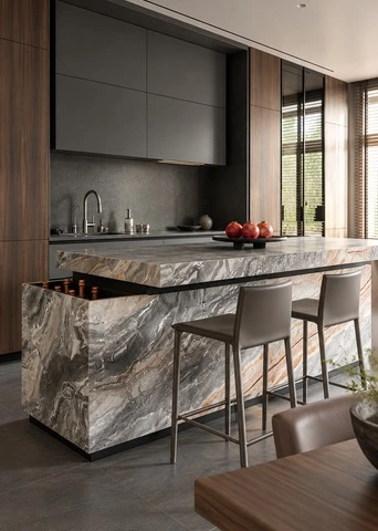 Statement Stone Island Kitchen with Hidden Bar
