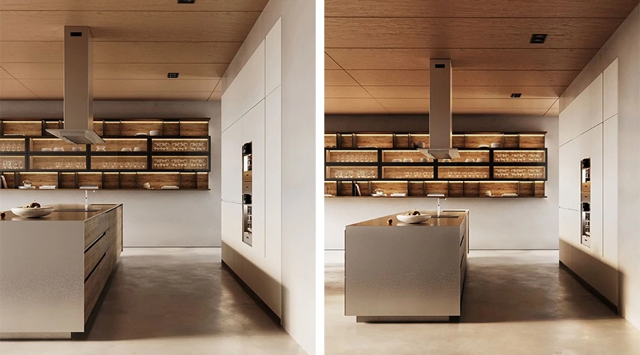 Warm Wood Stainless Steel Kitchen with Dining Island