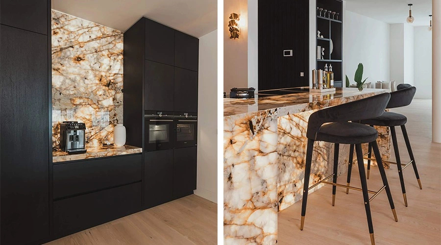 Backlit Stone Kitchen with Matte Black Cabinets