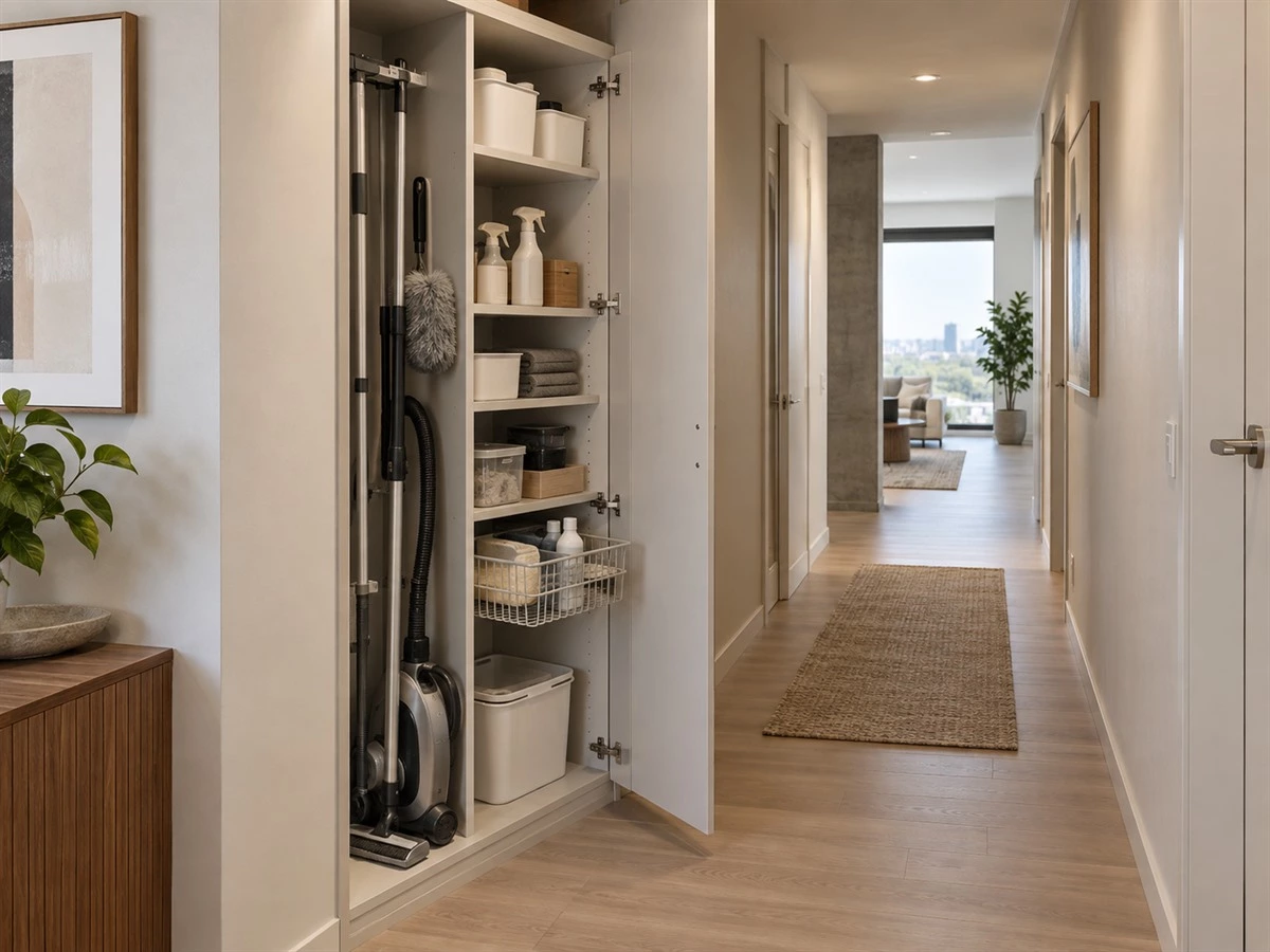 Cleaning Closet Cabinet Design: Shelves, Utility Storage and Service Access