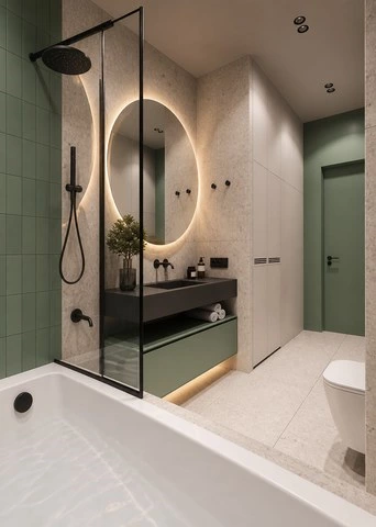 Narrow Bathroom Vanity Design with Floating Storage