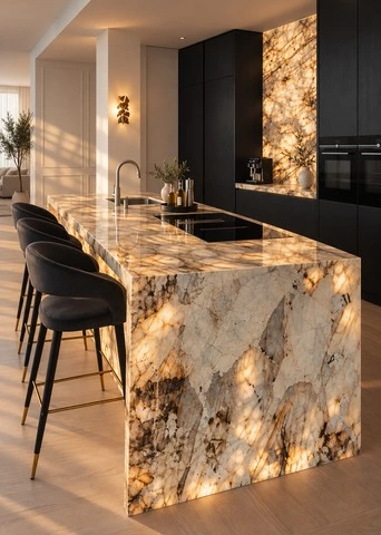 Backlit Stone Kitchen with Matte Black Cabinets