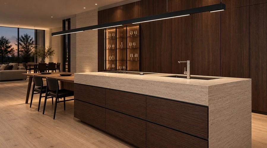Dark Timber Kitchen with Travertine Island and Display Wall