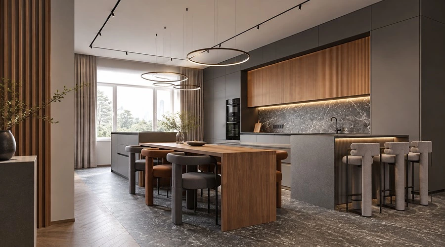 Slatted Wood Kitchen Cabinets with Dining Island