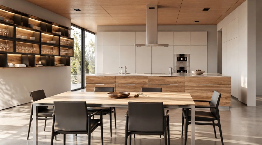Warm Wood Stainless Steel Kitchen with Dining Island