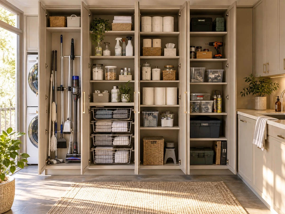 Cleaning Closet Cabinet Design: Shelves, Utility Storage and Service Access