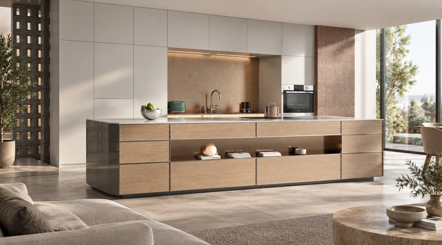 Extended island kitchen defining an open-plan kitchen and living space