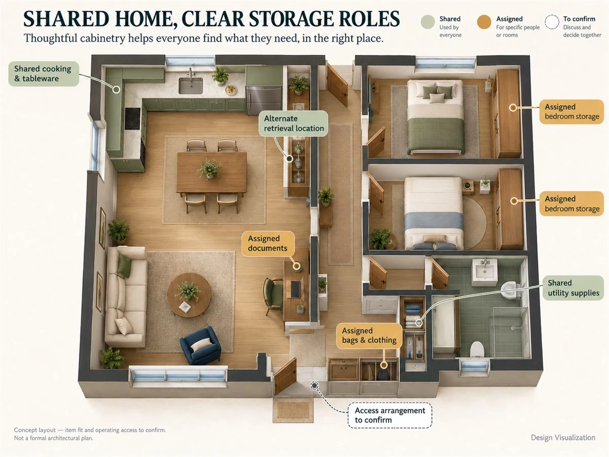 Conceptual whole-home plan distinguishing shared storage, assigned belongings and access arrangements alongside furniture and activity zones.