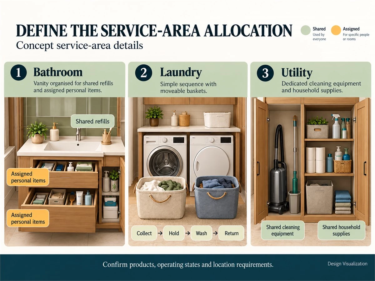 Illustrative bathroom, laundry and utility allocation separating personal items, shared supplies and equipment access.