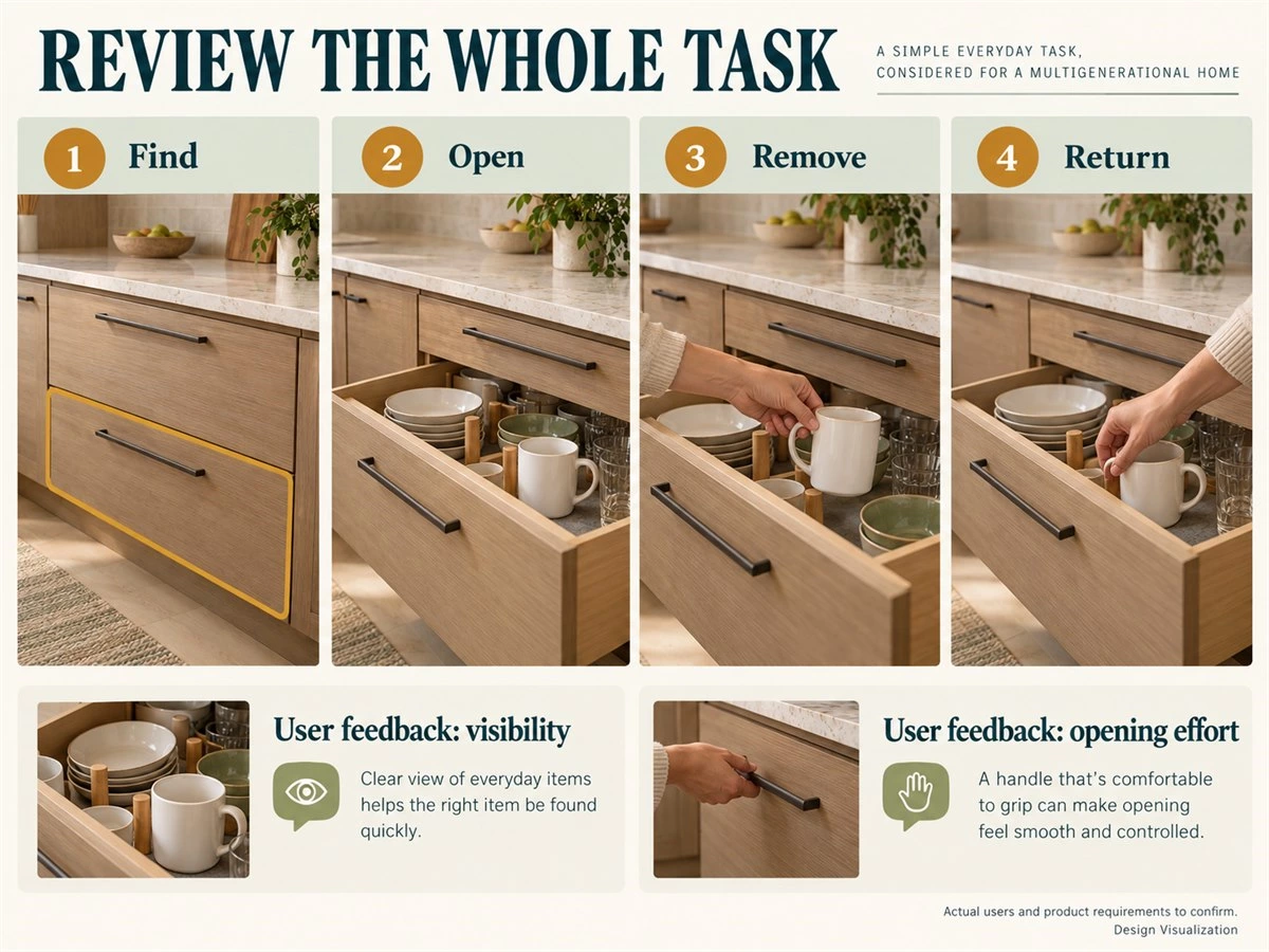 Conceptual cabinet-use sequence reviewing visibility, opening, retrieval and return with individual user feedback.