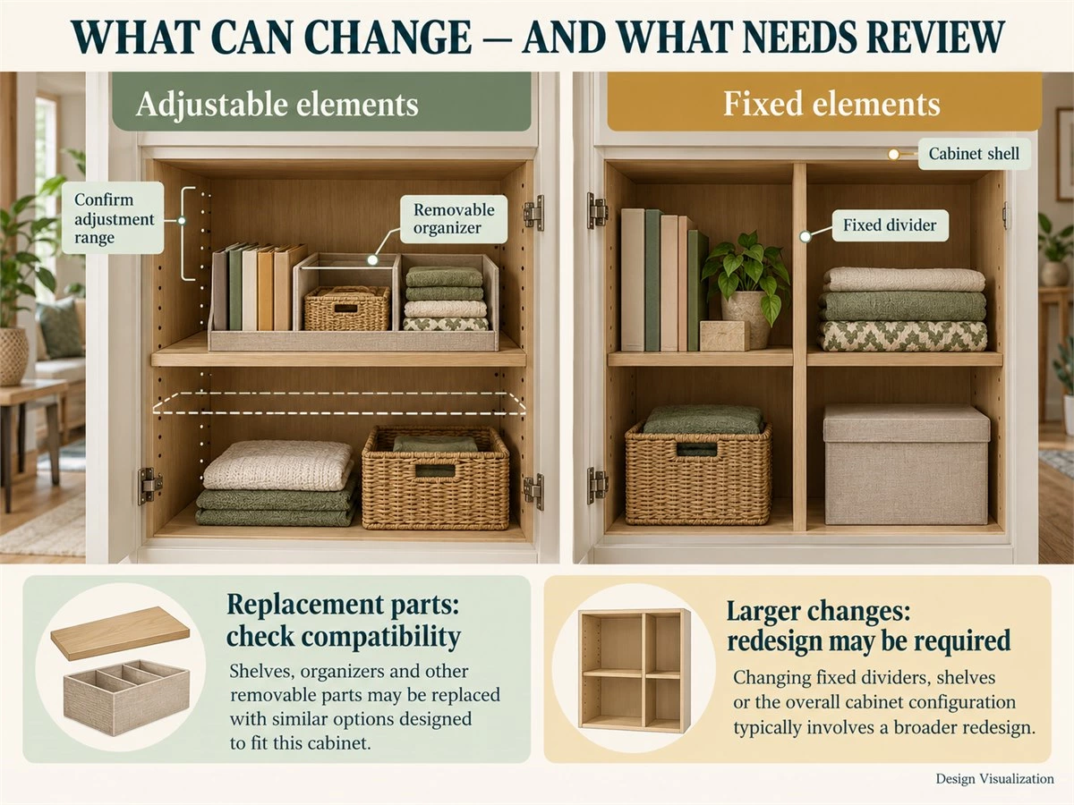Illustrative cabinet diagram distinguishing adjustable components, fixed construction and changes requiring further review.