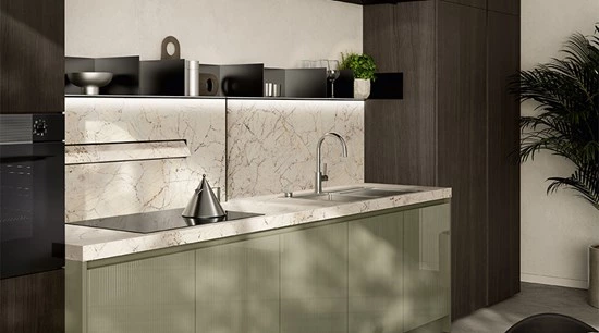 Handleless Sage Green Kitchen Cabinets with Sintered Stone Countertop Handleless sage green kitchen cabinets with sintered stone countertop and backsplash